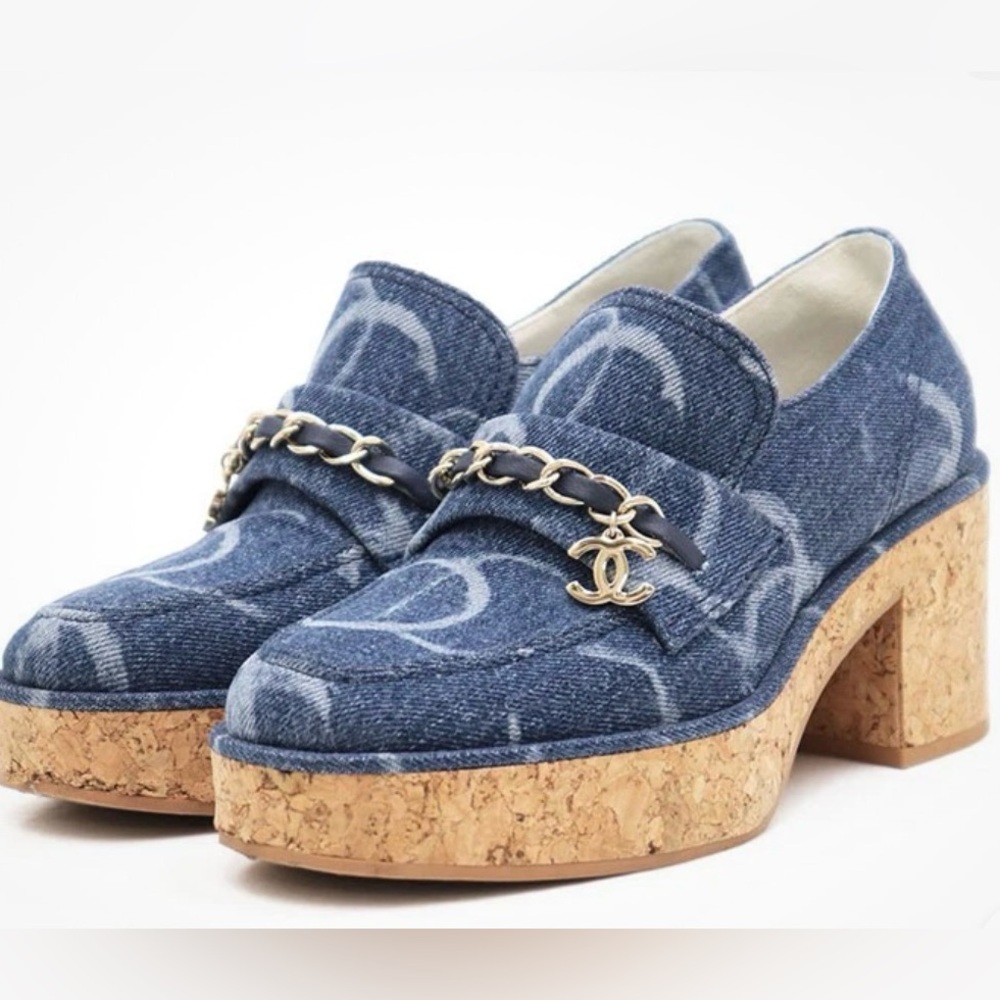 CHANEL with box and bag Denim Blue Platform Loafers with Cork Block Heel